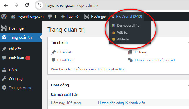 C.panel (Dashboard) Bảng điều khiển của Thành viên